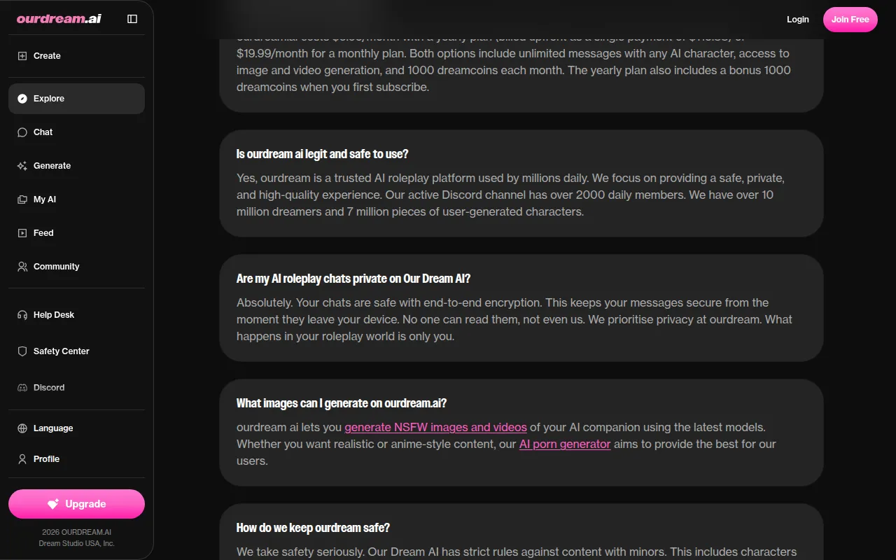 OurDream homepage FAQ answer promising end-to-end encryption