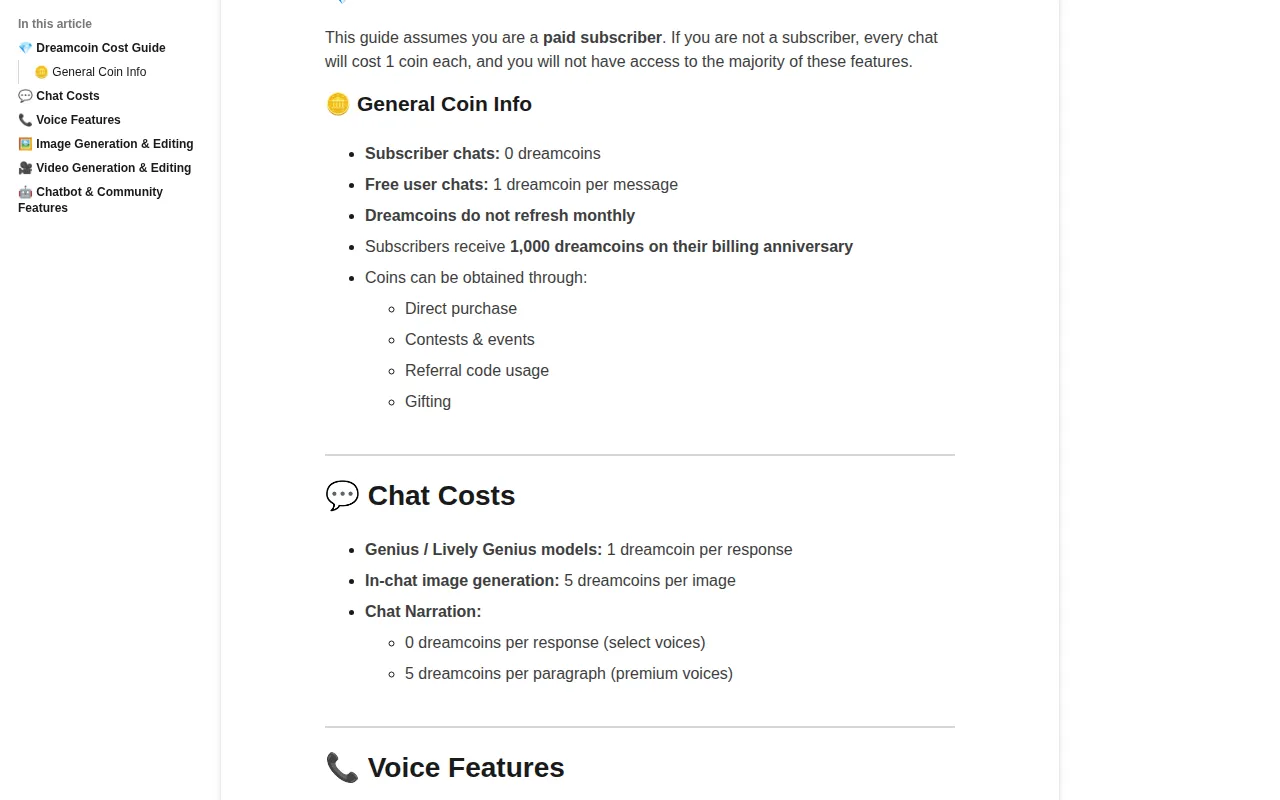OurDream help article listing Dreamcoin costs for chat and images