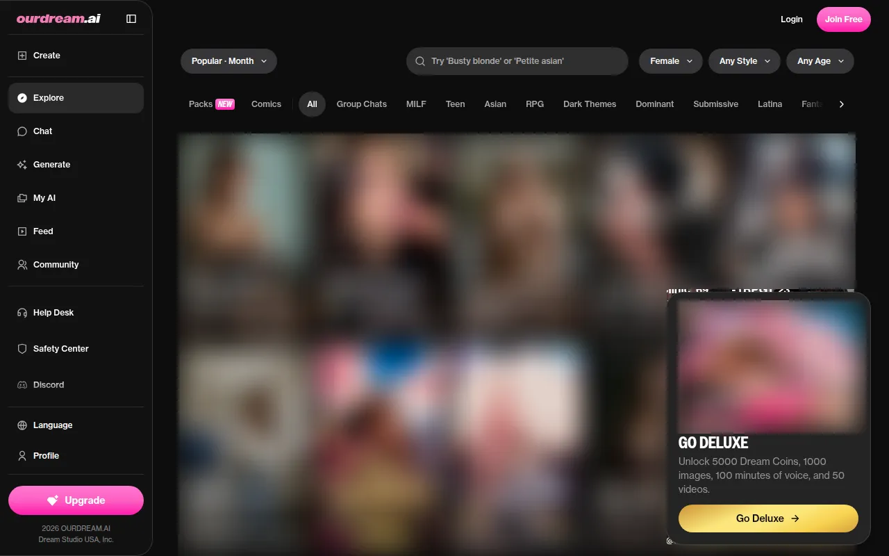 OurDream Explore page on desktop with filters and character grid