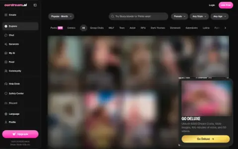 OurDream Explore page with sidebar, search, filters and tag row
