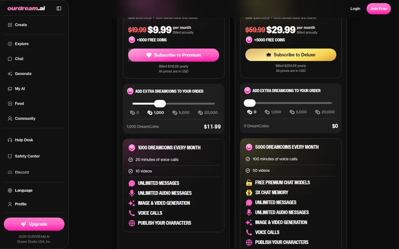 OurDream plan cards with the extra Dreamcoins slider set to 1,000 for $11.99