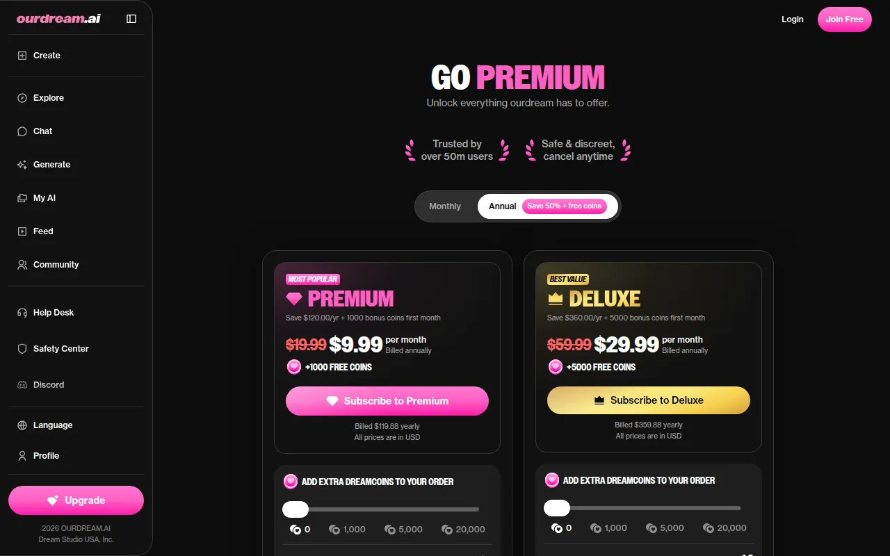 OurDream Go Premium page with Premium and Deluxe yearly plans in US dollars