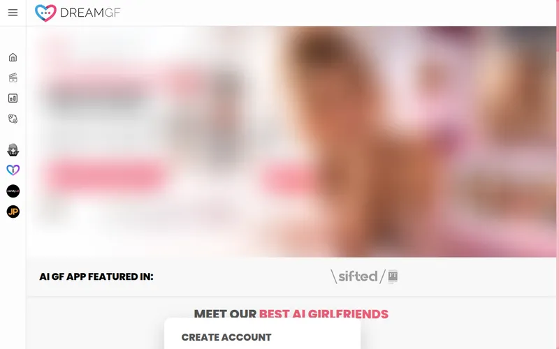 DreamGF homepage with sidebar and Meet our best AI girlfriends section