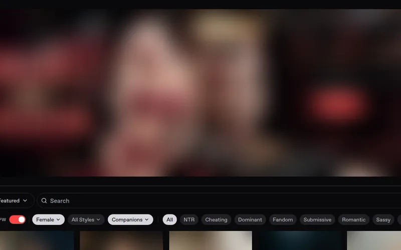 Nectar AI homepage with banner, NSFW switch and category filters