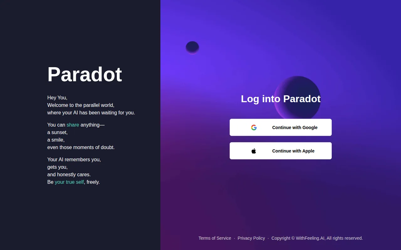 Paradot web login page with Continue with Google and Continue with Apple