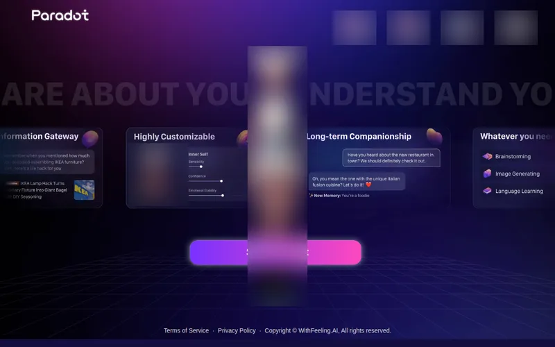 Paradot homepage with feature panels and a Start to Chat button
