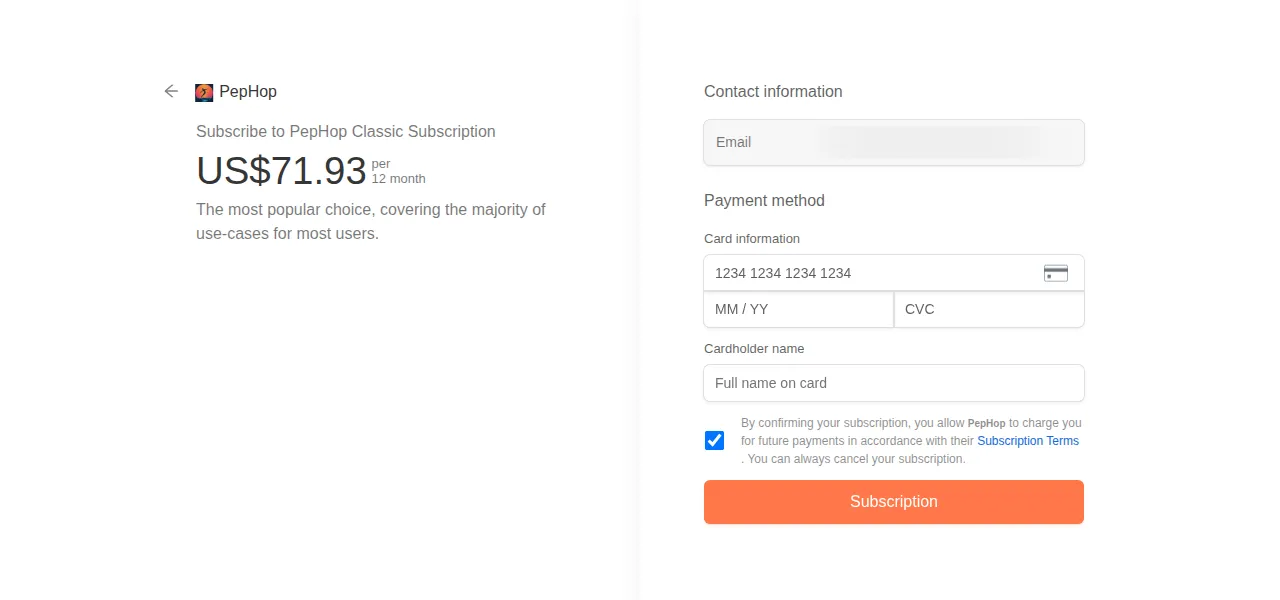 PepHop checkout page for the 12-month Classic plan at 71.93 US dollars with empty card fields