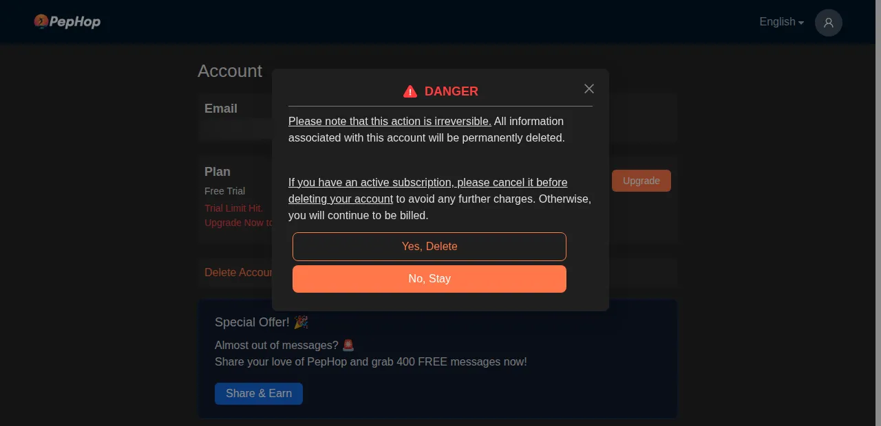 PepHop account deletion warning with Yes Delete and No Stay buttons