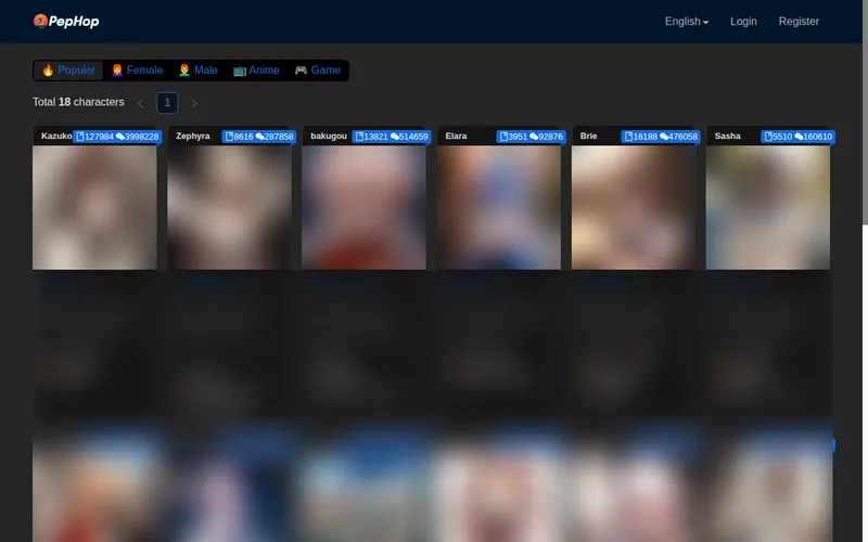 PepHop home page with category tabs and a grid of character cards