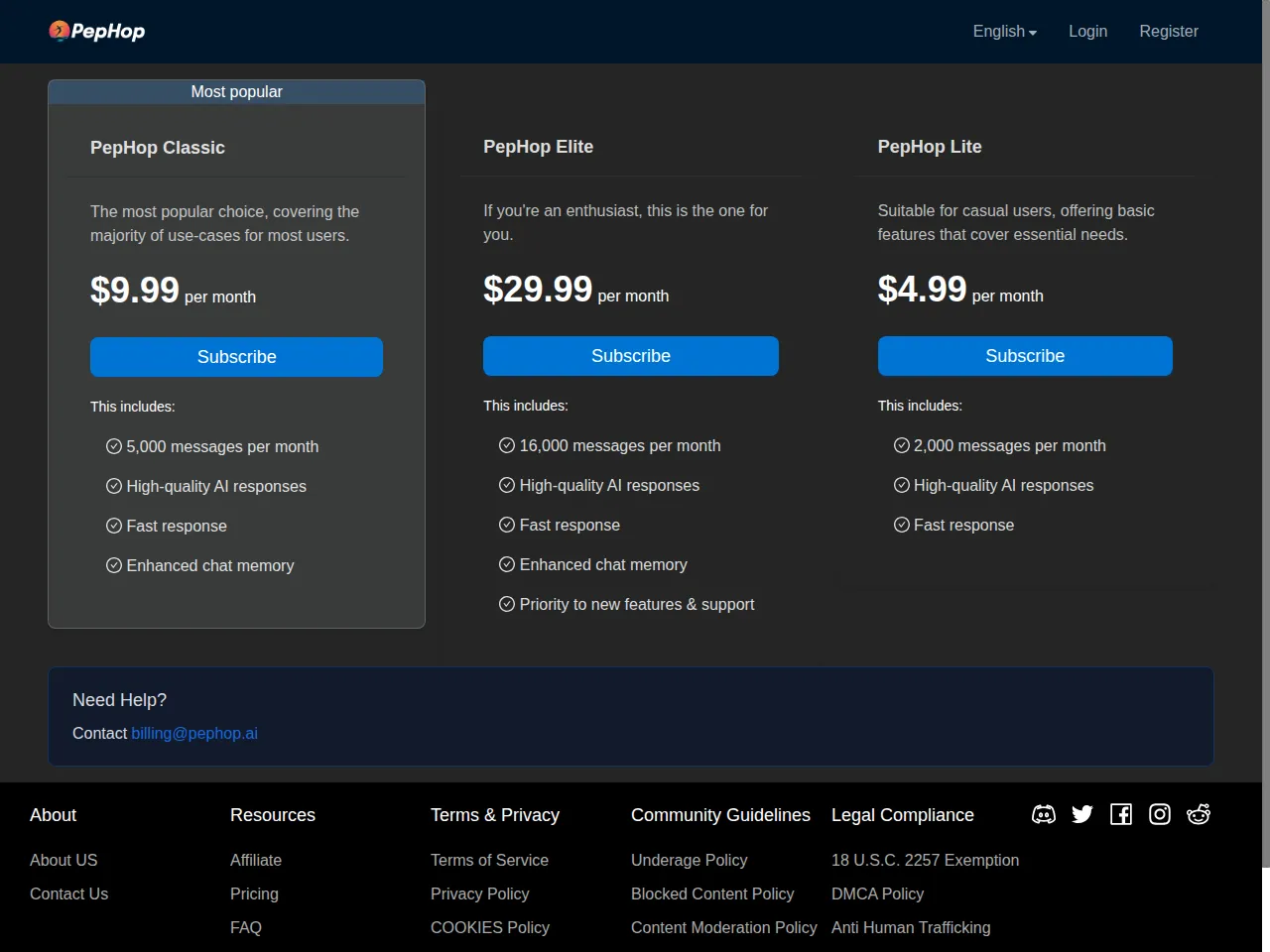 PepHop public pricing page with Classic, Elite and Lite monthly plans