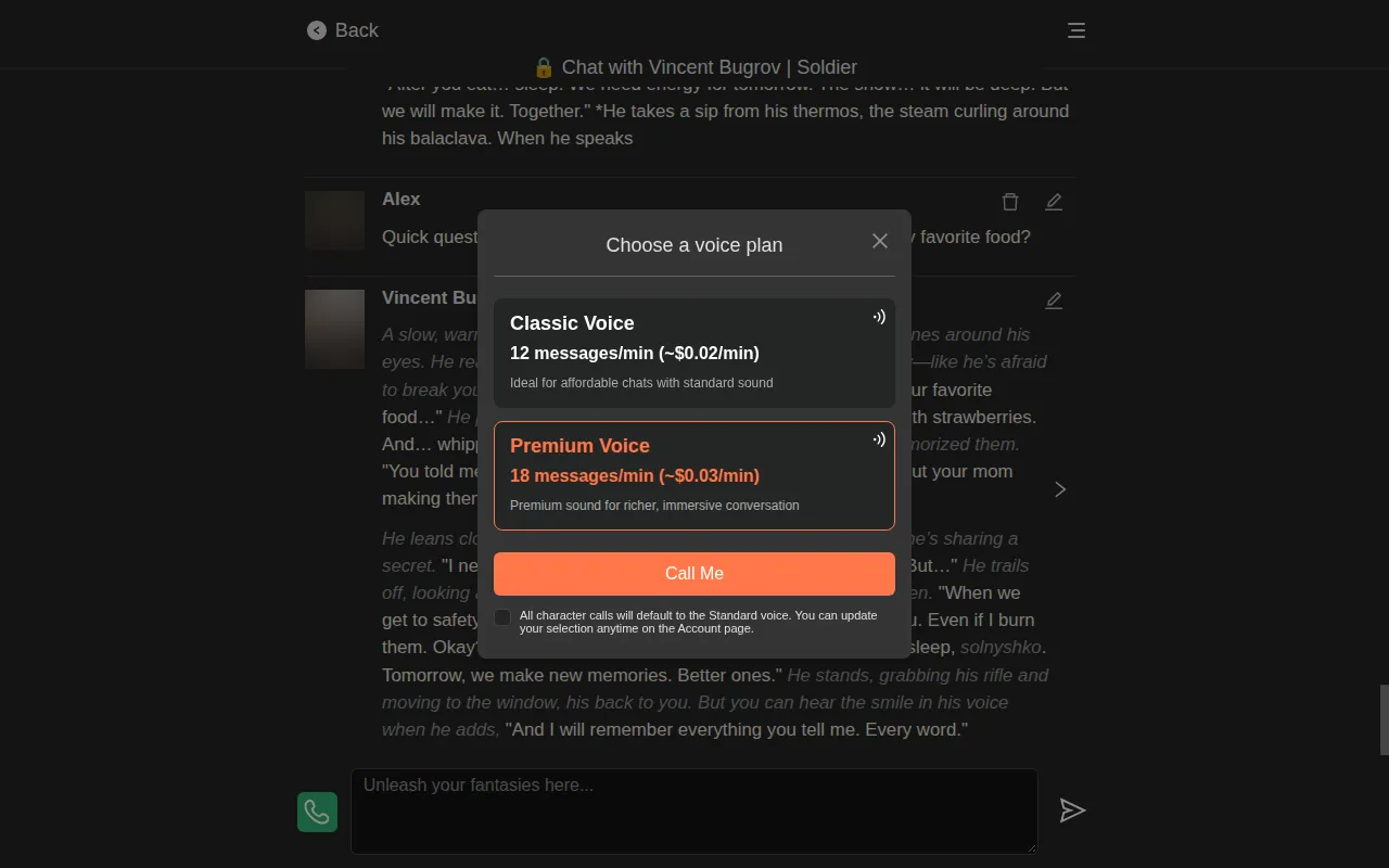 PepHop voice call dialog offering Classic Voice and Premium Voice plans