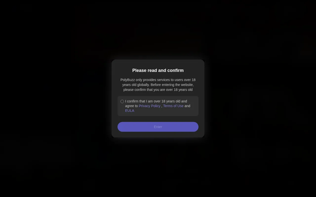 PolyBuzz 18+ confirmation dialog with a checkbox and Enter button