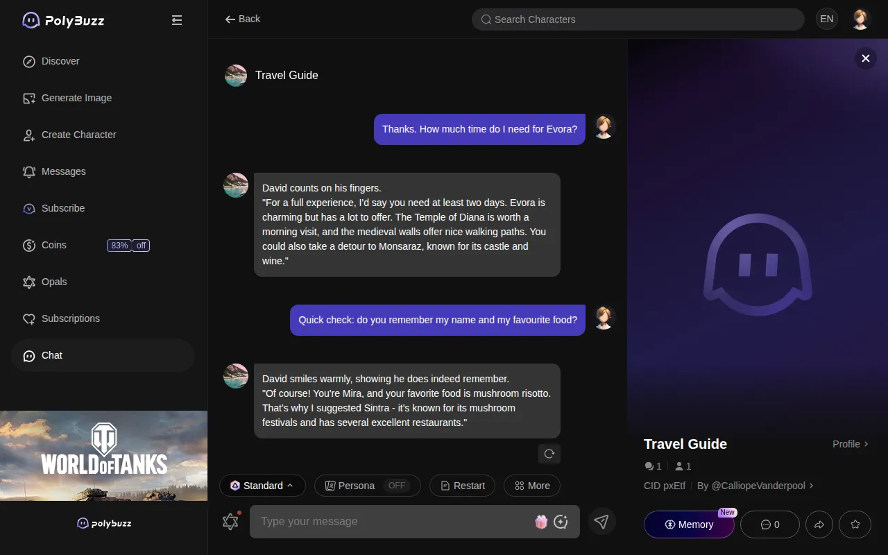 PolyBuzz chat with a travel guide character recalling the user name and favourite food