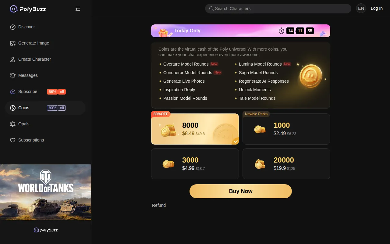 PolyBuzz coin store with packs from 1000 coins for $2.49 to 20000 coins for $19.9