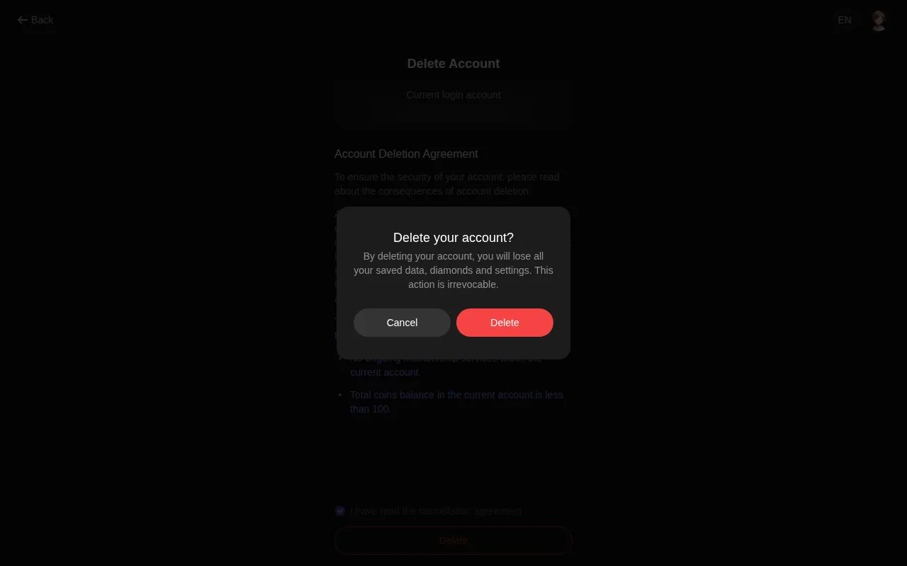 PolyBuzz delete account confirmation dialog saying the action is irrevocable