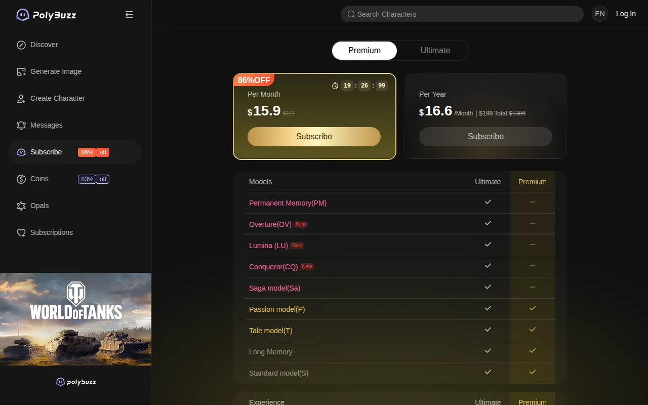 PolyBuzz Premium plans in US dollars with a countdown timer and model comparison table
