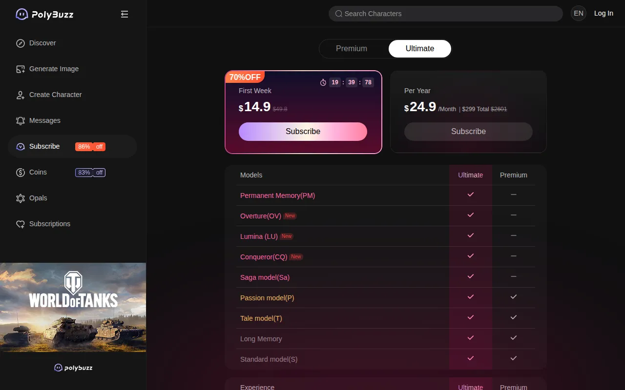 PolyBuzz Ultimate plans: first week $14.9 or $24.9 a month billed $299 a year