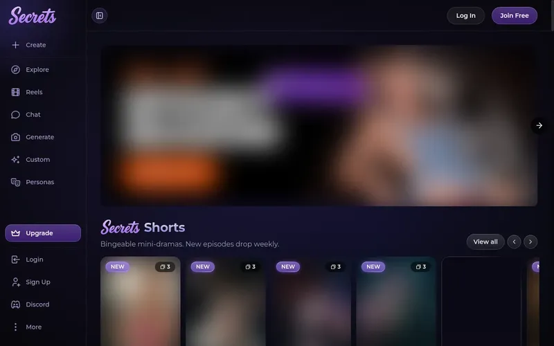 Secrets AI homepage with sidebar navigation and Secrets Shorts row