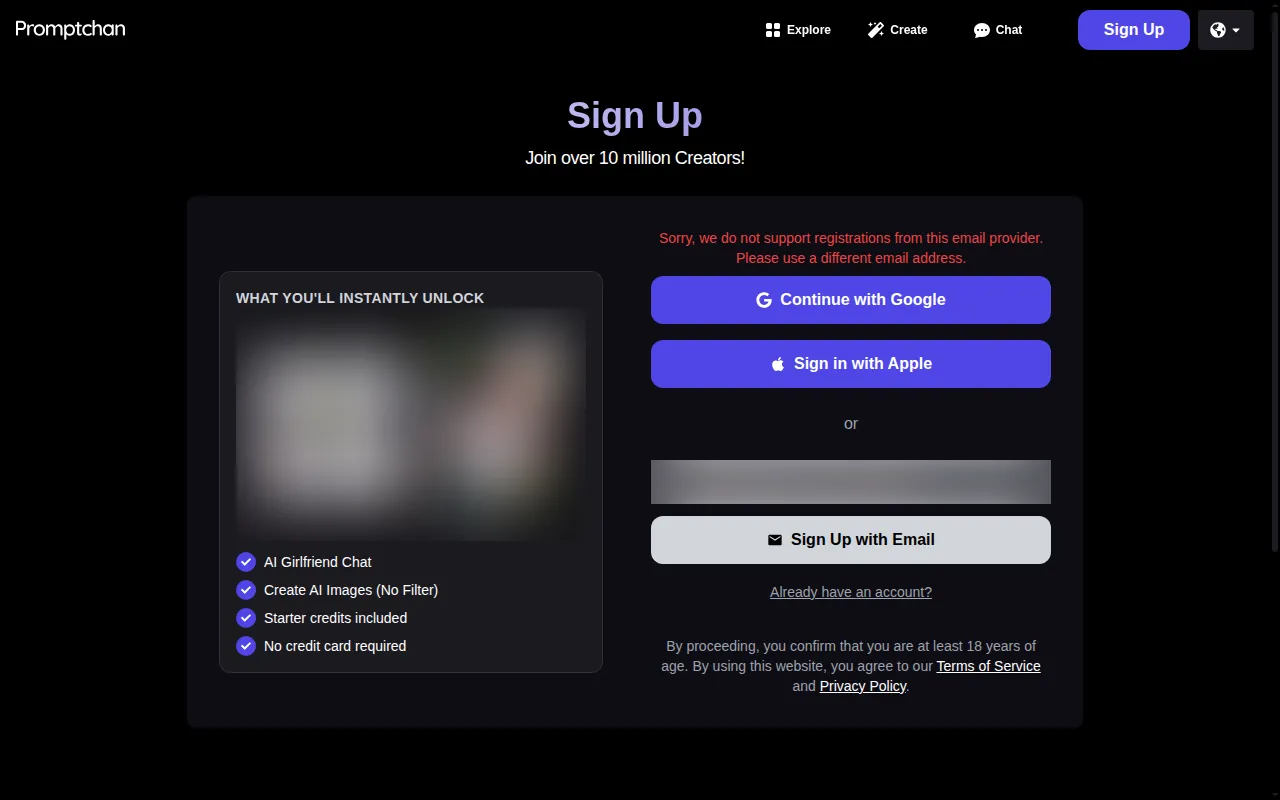 Promptchan sign-up form rejecting an email provider, with Google and Apple sign-in buttons