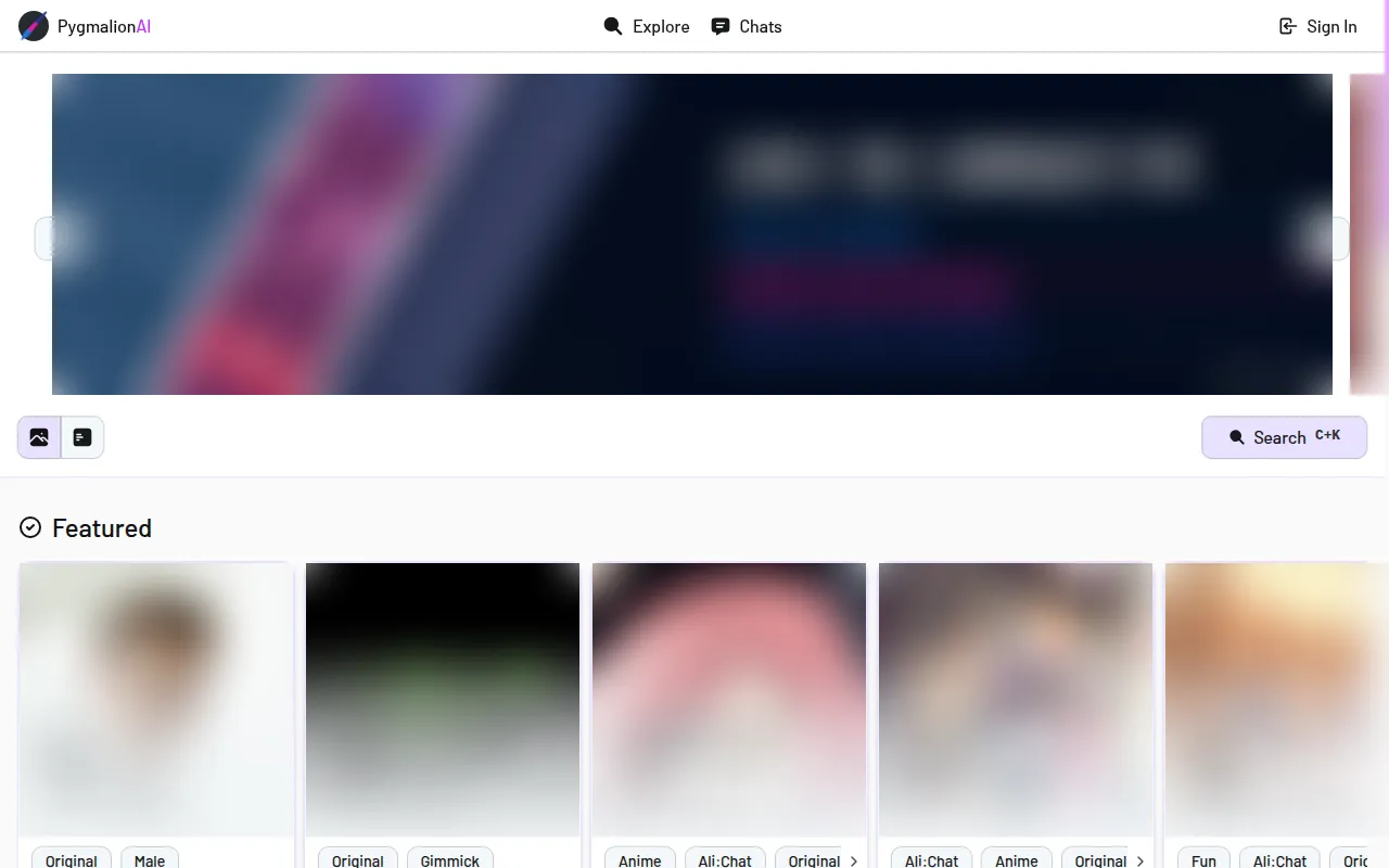 Pygmalion AI Explore page with Featured character cards and tags, portraits blurred