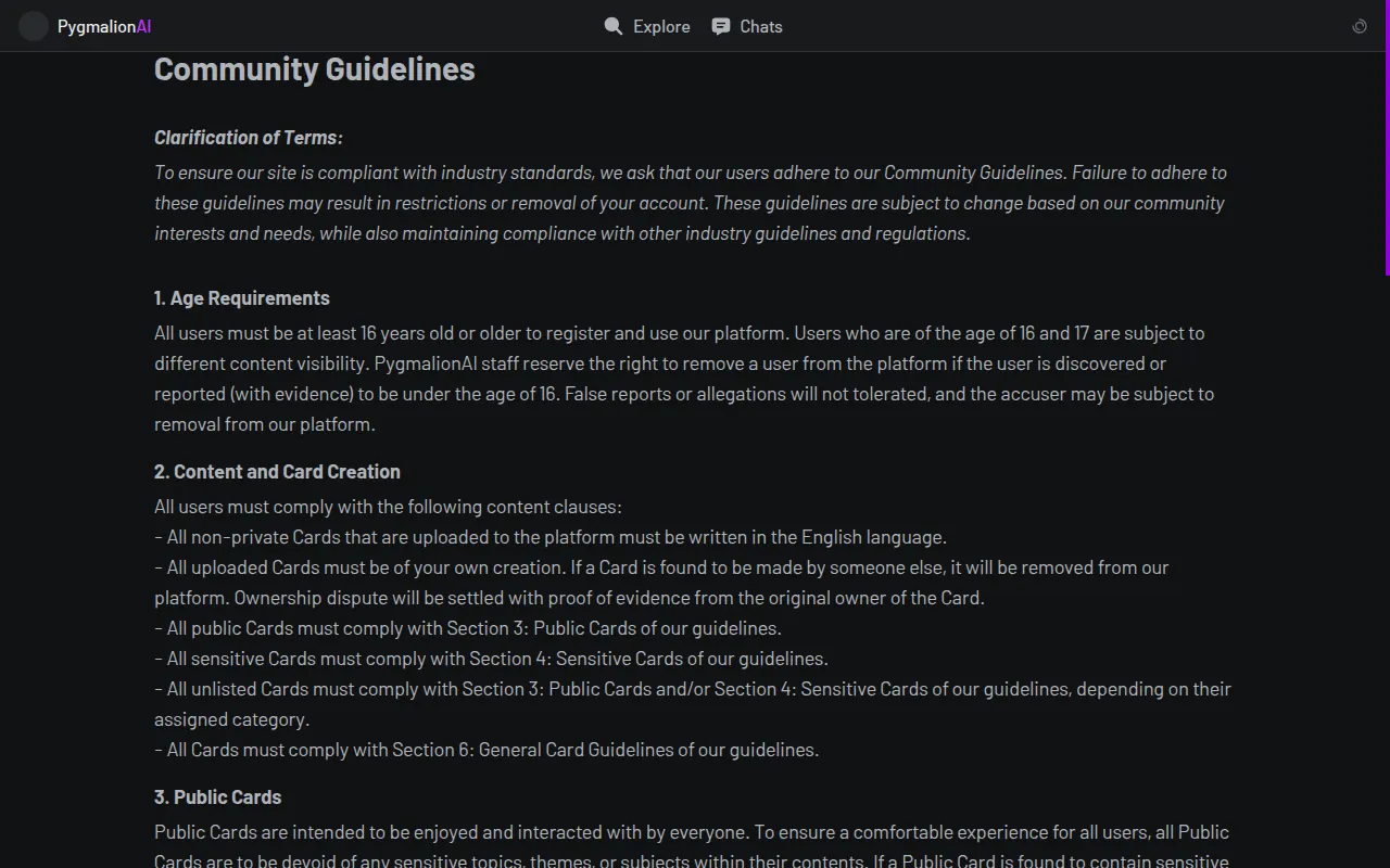 Pygmalion AI community guidelines: age requirements and card rules