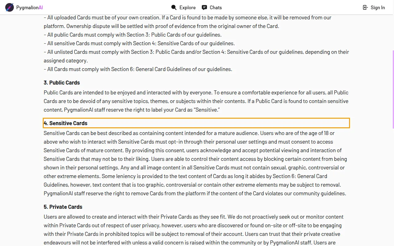 Pygmalion AI community guidelines: Sensitive Cards opt-in for users 18 and over