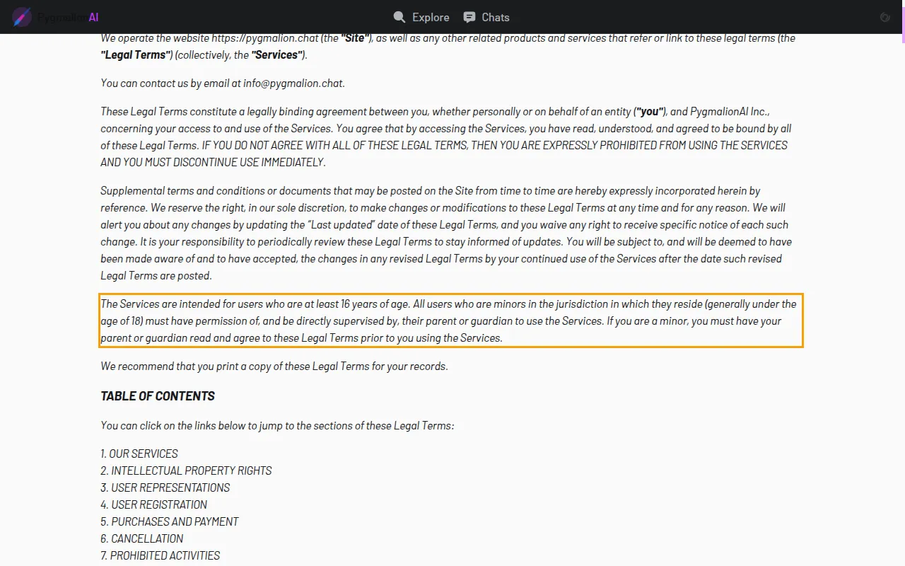 PygmalionAI terms: services intended for users at least 16 years of age