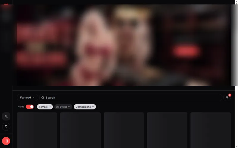 Nectar AI home page with blurred banner, search, NSFW switch and filters