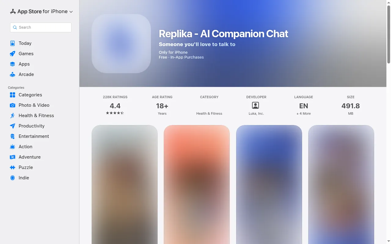 Replika on the US App Store: 4.4 stars, 228K ratings, age rating 18+