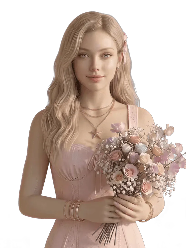 Replika avatar in a pink dress, AI character on Replika