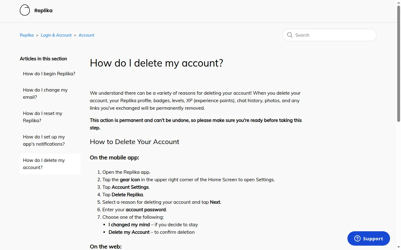 Replika help article How do I delete my account