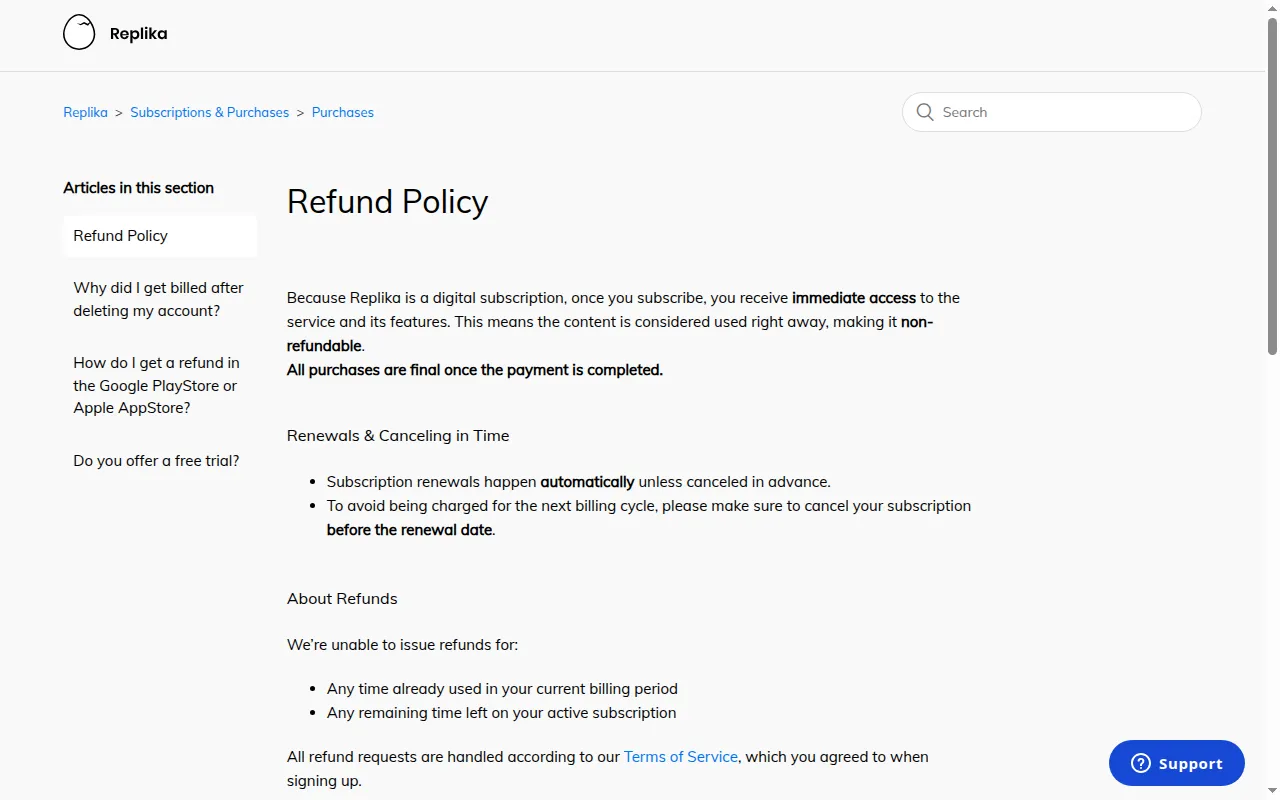 Replika Refund Policy: all purchases are final once the payment is completed