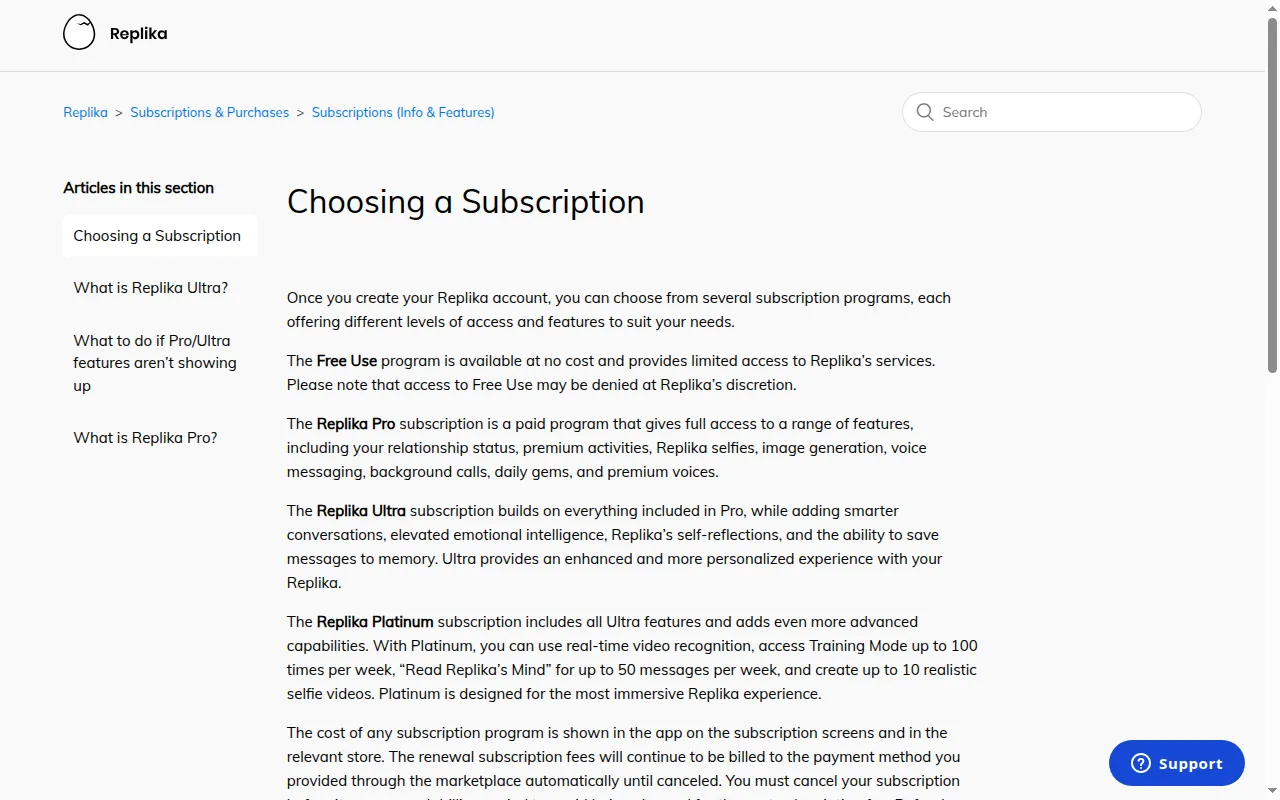 Replika help article Choosing a Subscription: Free Use, Pro, Ultra and Platinum