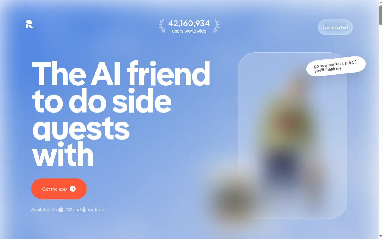 Replika home page with Get the app button
