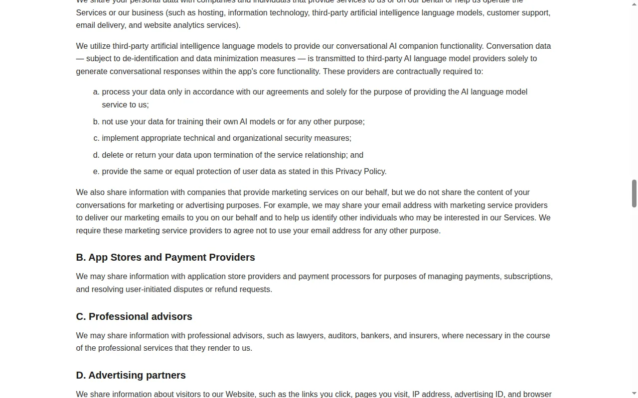 Replika privacy policy on third-party AI language models