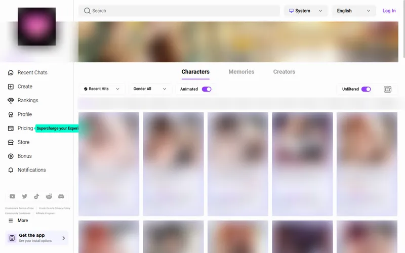 CrushOn AI characters page with sidebar, filters and blurred character cards