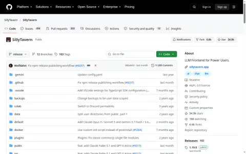 SillyTavern GitHub repository with AGPL-3.0 license, 34.9k stars and release 1.19.0