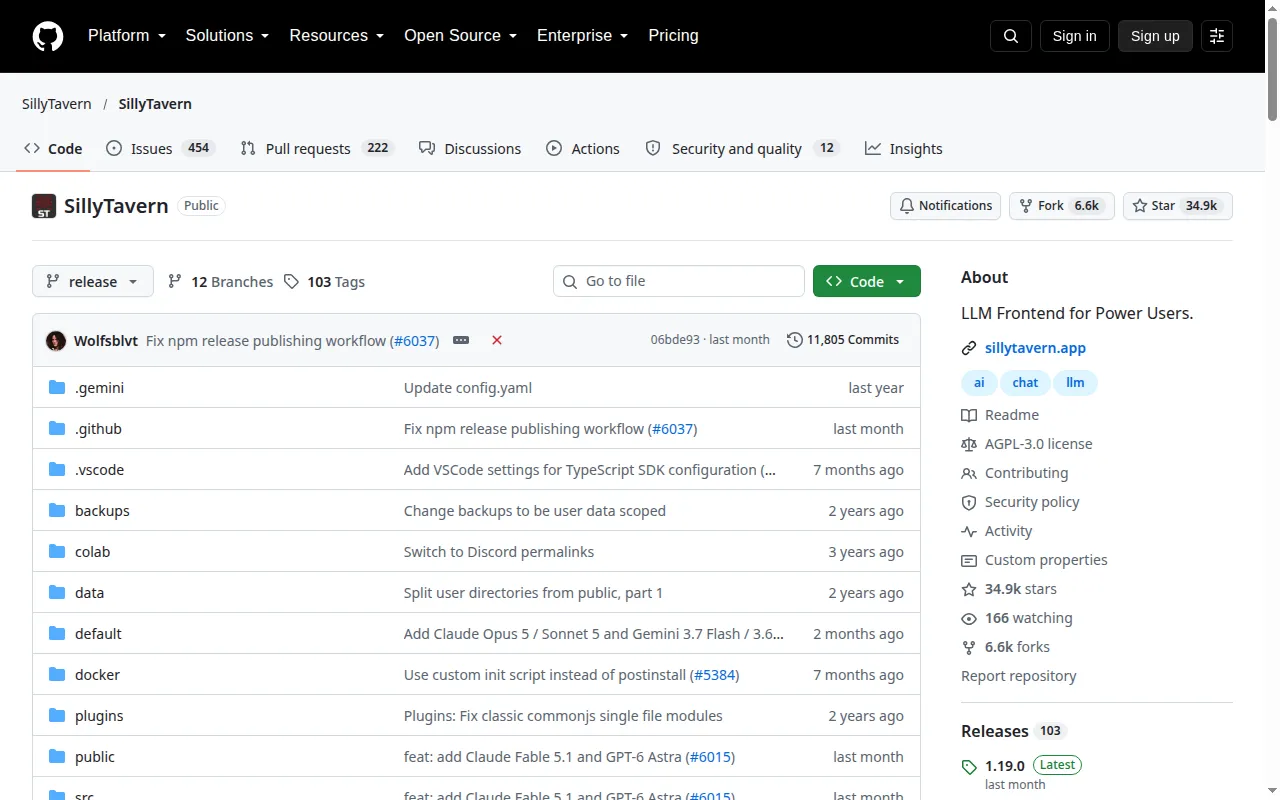 SillyTavern GitHub repository with AGPL-3.0 license, 34.9k stars and release 1.19.0