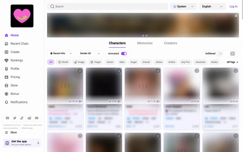 CrushOn.AI home screen with sidebar, filters and blurred character cards