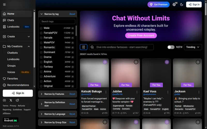 SpicyChat home page with tag filters and blurred character cards