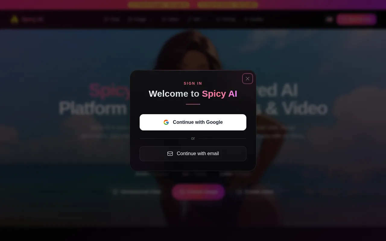 Spicy AI sign-in window with Continue with Google and Continue with email