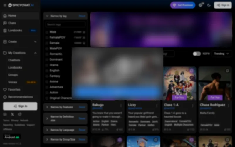 SpicyChat home page with sidebar, tag filters, Chat Without Limits banner and character grid