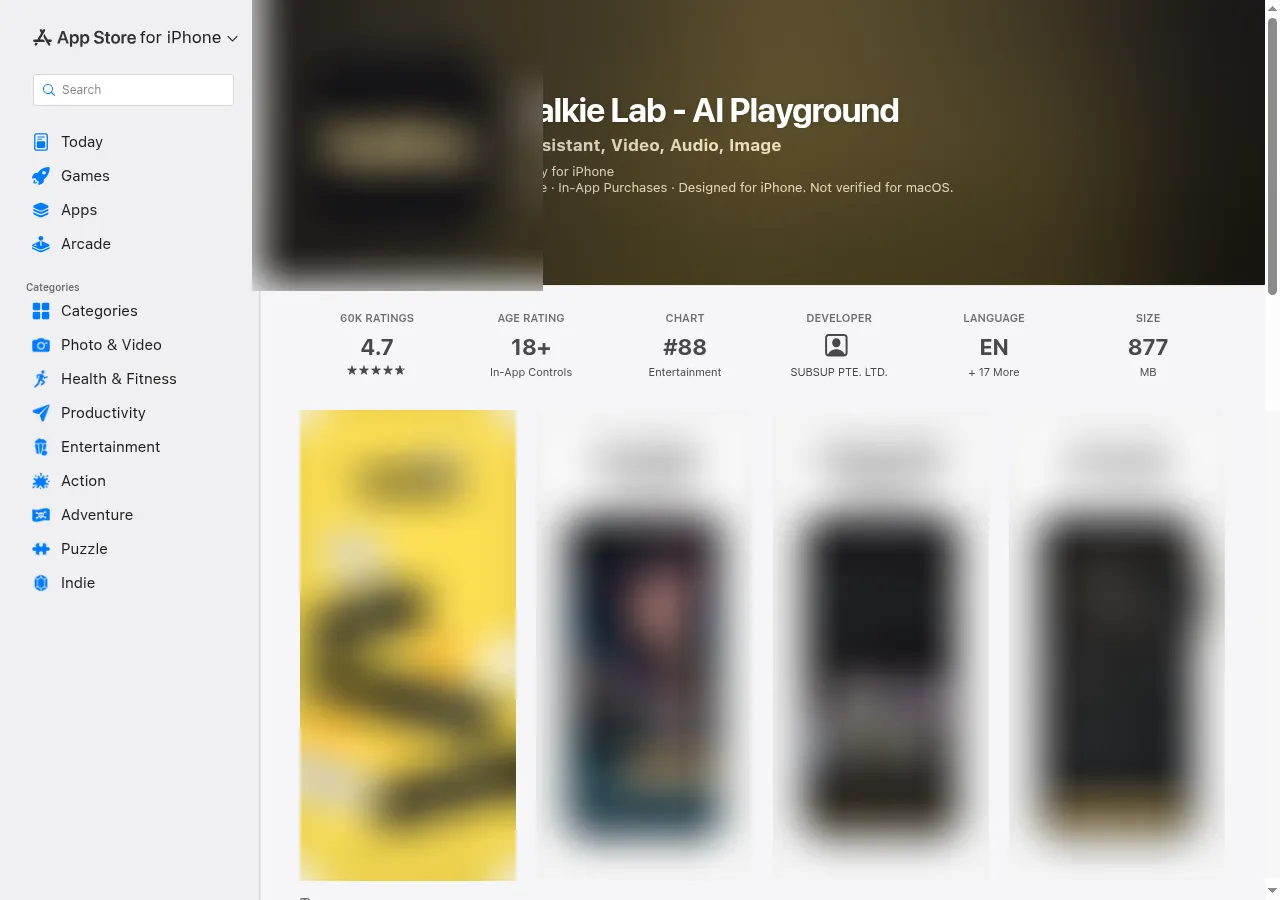 Talkie Lab on the US App Store: 4.7 stars, 60K ratings, age rating 18+