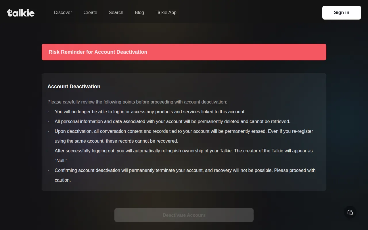 Talkie account deactivation page with risk reminders