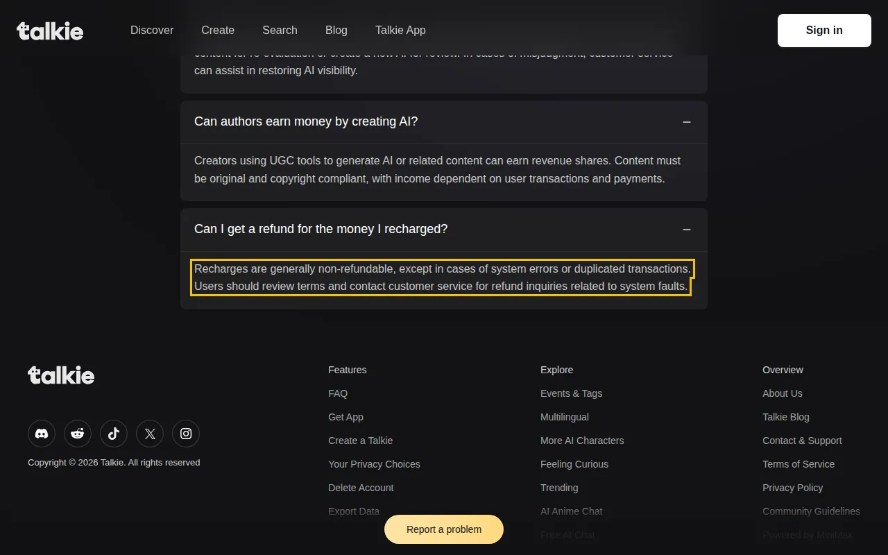 Talkie FAQ: recharges are generally non-refundable