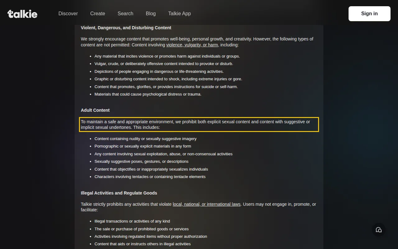 Talkie community guidelines banning explicit and suggestive sexual content