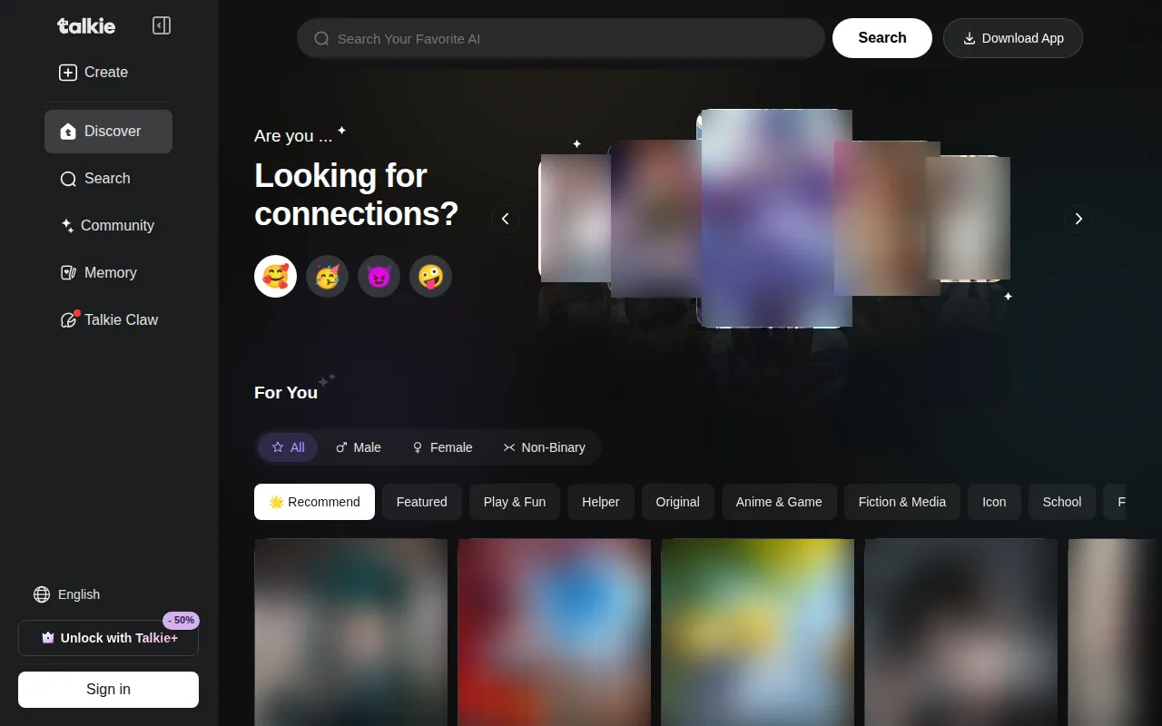 Talkie Discover page with For You filters and category chips including School