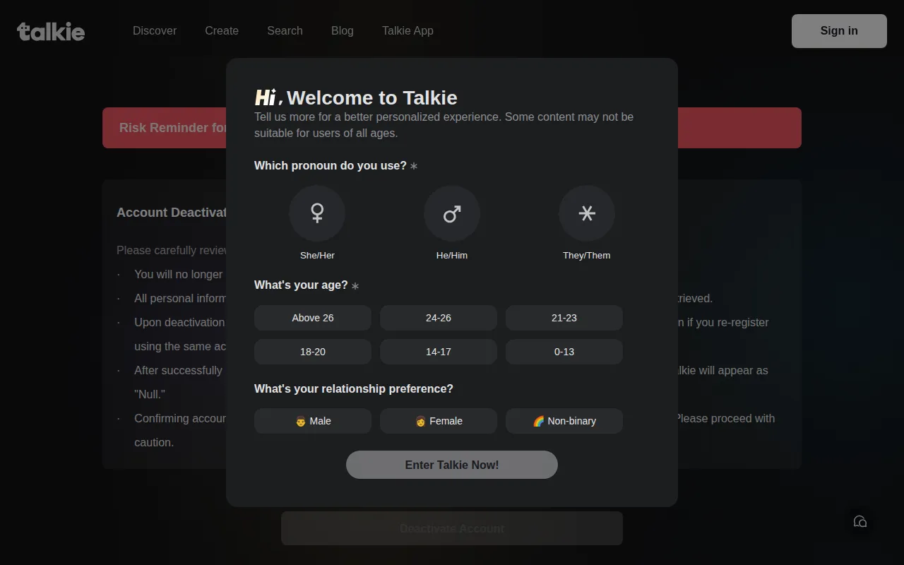 Talkie welcome window asking pronoun, age range and relationship preference