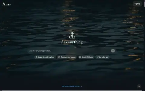 Venice AI homepage with the Ask anything prompt box