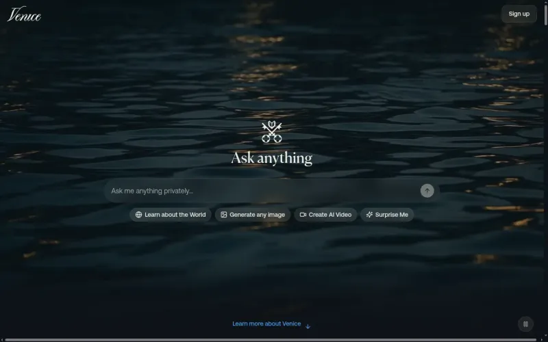 Venice AI homepage with the Ask anything prompt box